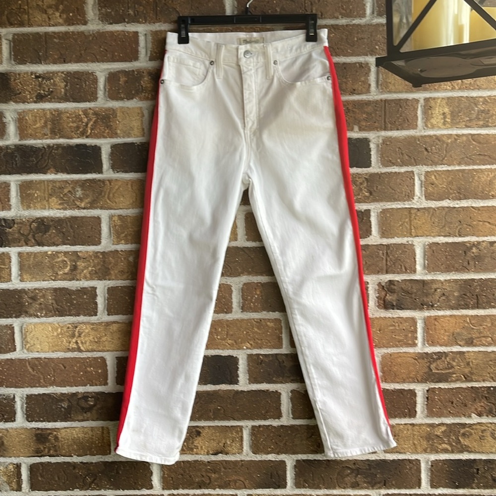 Madewell Jeans Slim Straight White Stretch High Rise Red Stripe
